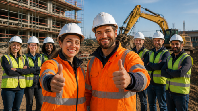 Fachkräftegewinnung in der Baupraxis © © BAUCampus-MV / KI-generiertes Bild Zwei Bauarbeitende zeigen auf einer Baustelle den Daumen nach oben. Im Hintergrund stehen mehrere Mitarbeitende unterschiedlicher Herkunft vor einem Rohbau und einem Bagger. Das Bild symbolisiert Teamarbeit, Vielfalt und moderne Fachkräftegewinnung in der Bauwirtschaft.