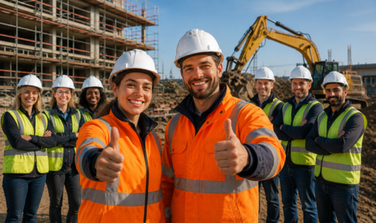 Zwei Bauarbeitende zeigen auf einer Baustelle den Daumen nach oben. Im Hintergrund stehen mehrere Mitarbeitende unterschiedlicher Herkunft vor einem Rohbau und einem Bagger. Das Bild symbolisiert Teamarbeit, Vielfalt und moderne Fachkräftegewinnung in der Bauwirtschaft.