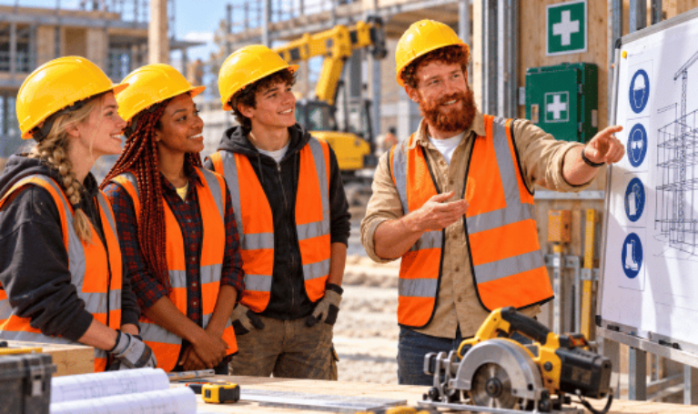 Vier Personen in Schutzkleidung besprechen auf einer Baustelle gemeinsam einen Bauplan.