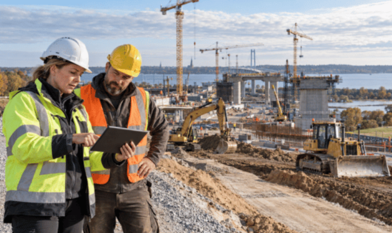 Eine Bauleiterin und ein Bauleiter besprechen auf einer Großbaustelle aktuelle Bauprojekte. Im Hintergrund entstehen neue Infrastrukturprojekte. Das Bild veranschaulicht den deutlichen Anstieg der Auftragseingänge in der deutschen Bauwirtschaft im August 2026 und die Chancen für Bauunternehmen in Mecklenburg-Vorpommern.