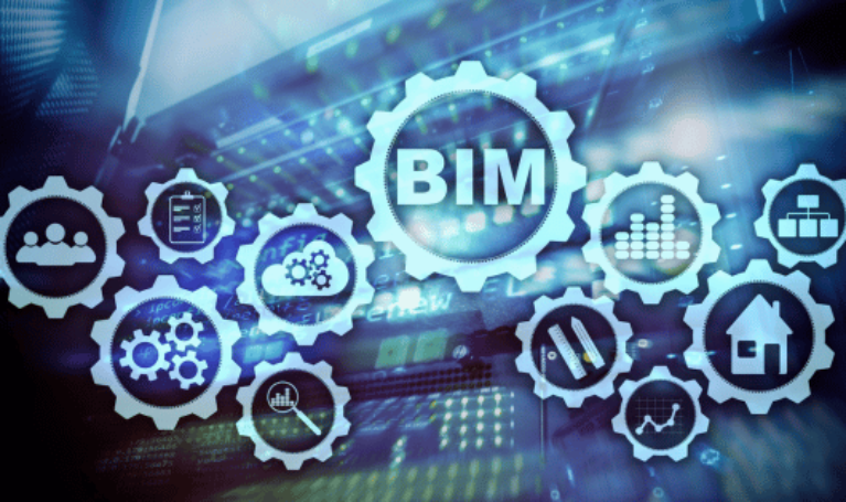 BIM-Grafik mit vernetzten Zahnrädern und Symbolen für digitale Bauplanung, Gebäudetechnik und Bauprozesse.