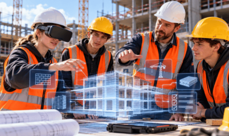 Ausbilder und Auszubildende betrachten ein digitales Gebäudemodell auf einer Baustelle. Eine Auszubildende trägt eine VR-Brille.