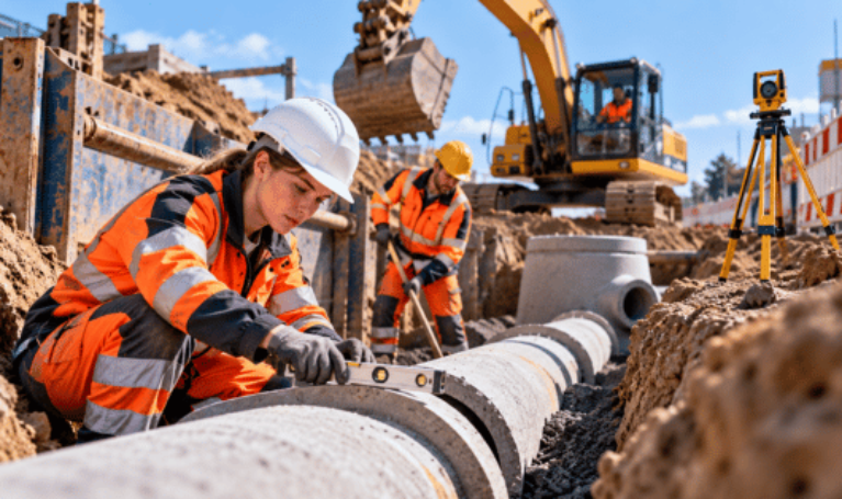 Eine junge Frau und weitere Fachkräfte arbeiten auf einer Tiefbaustelle an der Verlegung von Betonrohren. Das Bild zeigt die Zusammenarbeit im Tiefbau mit Bagger, Vermessungstechnik und Baustellenausrüstung. Es veranschaulicht Vielfalt, berufliche Teilhabe und