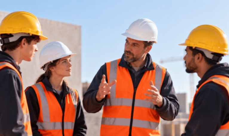 Ein Bauleiter bespricht mit drei Teammitgliedern Arbeitsabläufe auf einer Baustelle. Das Bild symbolisiert wertschätzende Führung, klare Kommunikation, Teamarbeit und gemeinsames Lernen in der Bauwirtschaft.