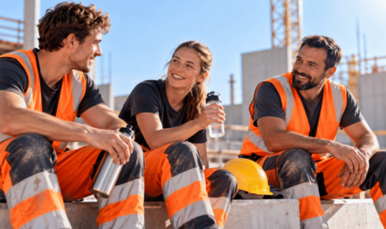 Drei Beschäftigte der Bauwirtschaft verbringen gemeinsam eine Erholungspause auf einer Baustelle. Sie sitzen im Freien, trinken Wasser und unterhalten sich. Das Bild symbolisiert die Bedeutung von ausreichender Flüssigkeitszufuhr, Erholung, sozialem Austausch und gesundheitsbewussten Arbeitsbedingungen.