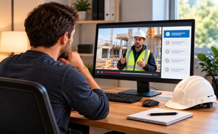 Bauprofi absolviert eine praxisnahe Online-Weiterbildung am PC. Ein Bauhelm liegt auf dem Schreibtisch, während auf dem Bildschirm ein digitales Schulungsvideo zu sehen ist.