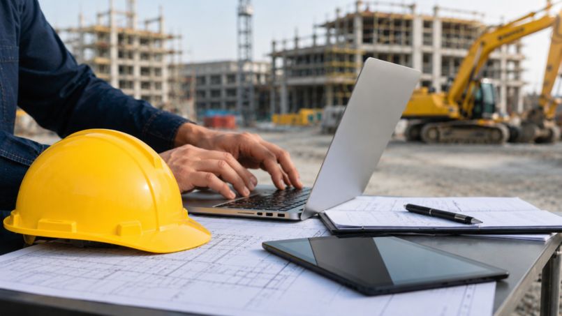 Laptop, Baupläne und Schutzhelm auf einer Baustelle. Das Bild symbolisiert Digitalisierung, Cybersicherheit und die NIS2-Anforderungen für Bauunternehmen und Projekte der Kritischen Infrastruktur.