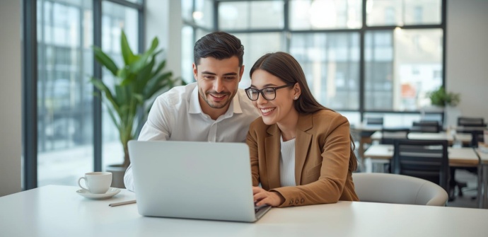 Mann und Frau sitzen vor einem Laptop