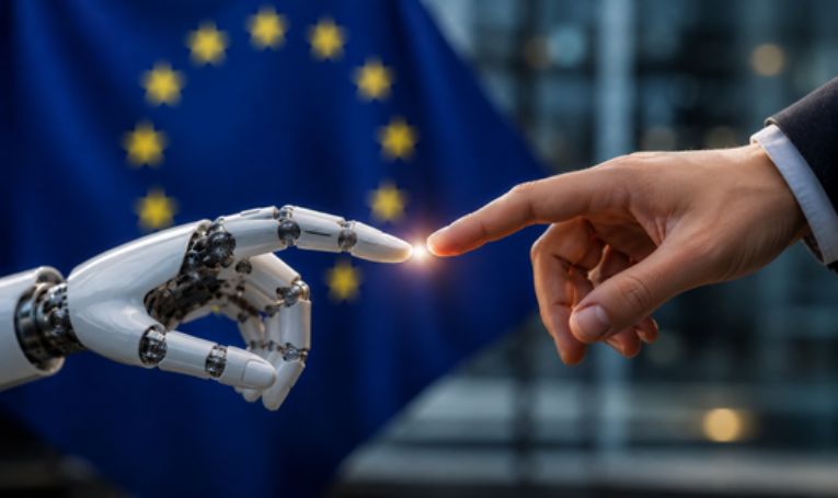 Mensch und Roboterhand symbolisieren den verantwortungsvollen Einsatz von KI im Rahmen des EU AI Act.