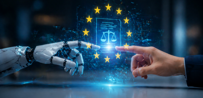 Roboterhand und menschliche Hand berühren sich, dazwischen ein EU-Zeichen
