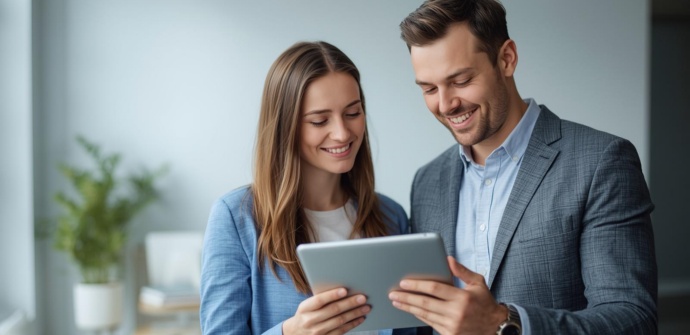 Eine Frau und ein Mann schauen gemeinsam auf ein Tablet, beide sehen freundlich aus, moderne Büroumgebung
