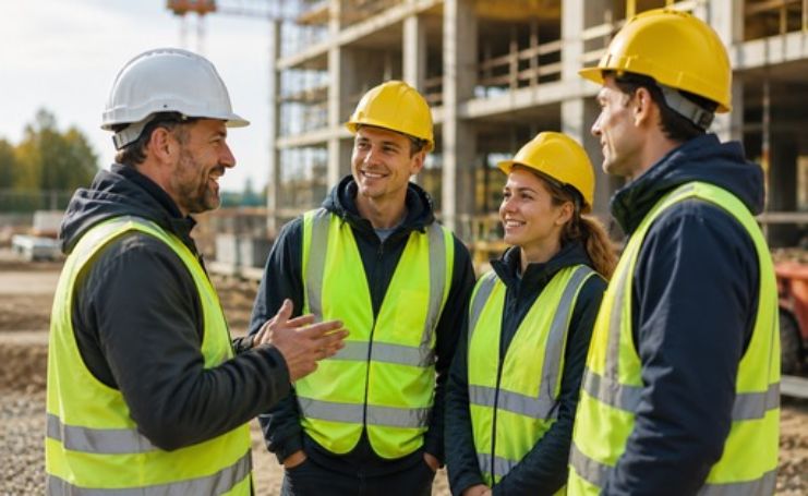 Vier Fachkräfte mit Schutzhelmen und Warnwesten im gemeinsamen Austausch auf einer Baustelle.