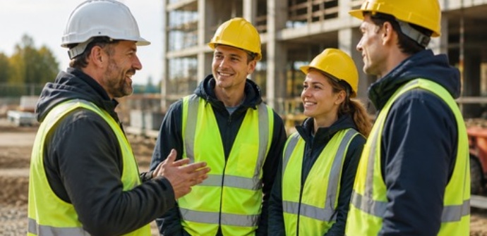 Vier Fachkräfte mit Schutzhelmen und Warnwesten im gemeinsamen Austausch auf einer Baustelle.