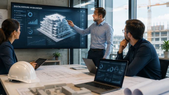 Modernes Besprechungsszenario im Baukontext: Mehrere Fachkräfte arbeiten in einem Projektraum mit digitalen Bauplänen und 3D-Modell auf dem Bildschirm. Das Bild steht für Digitalisierung, KI-gestützte Prozesse und zukunftsorientierte Zusammenarbeit im Bauwesen.