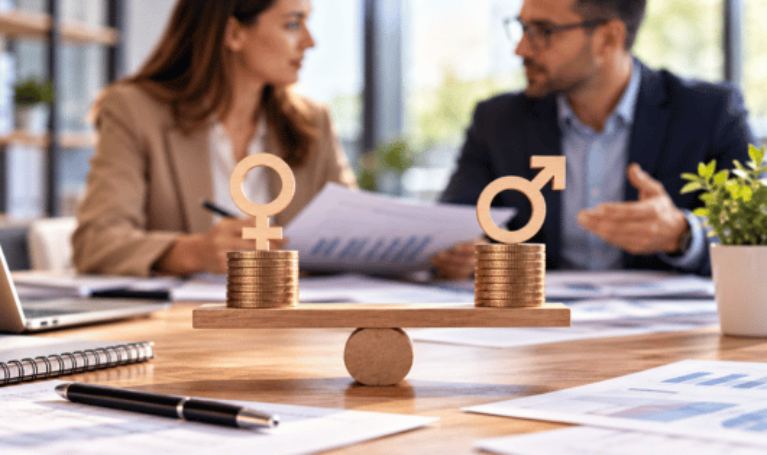 Eine symbolische Waage mit zwei gleich hohen Münzstapeln und den Geschlechtersymbolen für Frau und Mann steht im Mittelpunkt eines modernen Büros. Im Hintergrund besprechen zwei Beschäftigte Unterlagen und Diagramme. Das Bild veranschaulicht die Ziele der EU-Entgelttransparenzrichtlinie: gleiche Bezahlung bei gleicher oder gleichwertiger Arbeit, transparente Vergütungsstrukturen und faire Entgeltbedingungen.