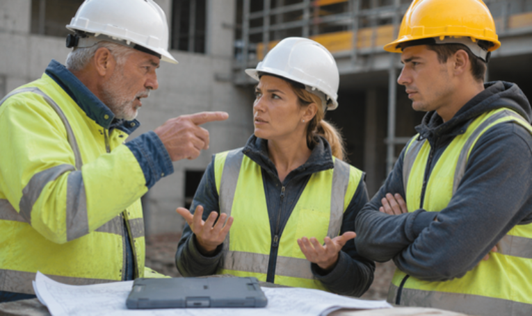 Älterer Bauarbeiter, Mitarbeiterin und Auszubildender im Gespräch auf einer Baustelle. Das Bild steht für unterschiedliche Erwartungen, Hierarchien, Führungsstile und Konflikte im Teamalltag der Bauwirtschaft.