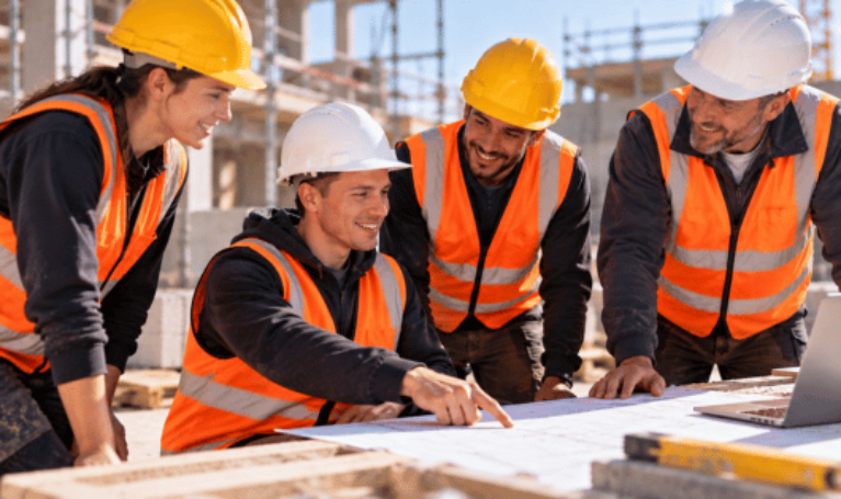 Vier Beschäftigte mit unterschiedlichen beruflichen Erfahrungen besprechen gemeinsam Baupläne auf einer Baustelle. Das Bild symbolisiert eine offene und wertschätzende Zusammenarbeit, Chancengerechtigkeit und berufliche Teilhabe. Es verdeutlicht, wie eine inklusive Arbeits- und Ausbildungskultur die Entwicklung individueller Fähigkeiten und die gemeinsame Gestaltung von Bauprojekten unterstützen kann.