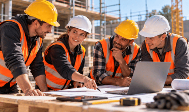 Vier Beschäftigte der Bauwirtschaft besprechen gemeinsam Baupläne und digitale Informationen auf einer Baustelle. Das Bild veranschaulicht die aktive Mitgestaltung von Arbeitsprozessen, Eigeninitiative und Teamarbeit. Es symbolisiert, wie Beschäftigte ihre Erfahrungen und Ideen einbringen, Arbeitsabläufe verbessern und gemeinsam Lösungen entwickeln können.