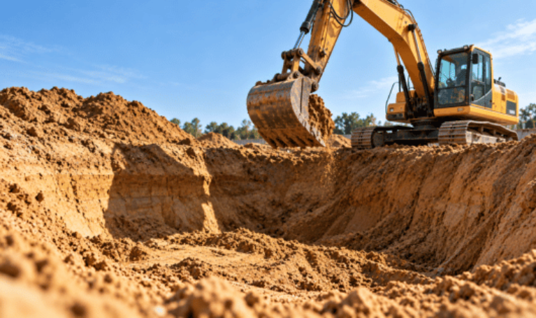 Ein gelber Kettenbagger hebt auf einer Tiefbaustelle sandigen Boden aus einer großen Baugrube aus. Das Bild zeigt Erdarbeiten und verdeutlicht die Bedeutung natürlicher Ressourcen für die Bauwirtschaft. Im Zusammenhang mit der Kreislaufwirtschaft steht es symbolisch für den verantwortungsvollen Umgang mit Bodenmaterialien, die Vermeidung unnötiger Abfälle und die Möglichkeiten einer ressourcenschonenden Wiederverwendung.