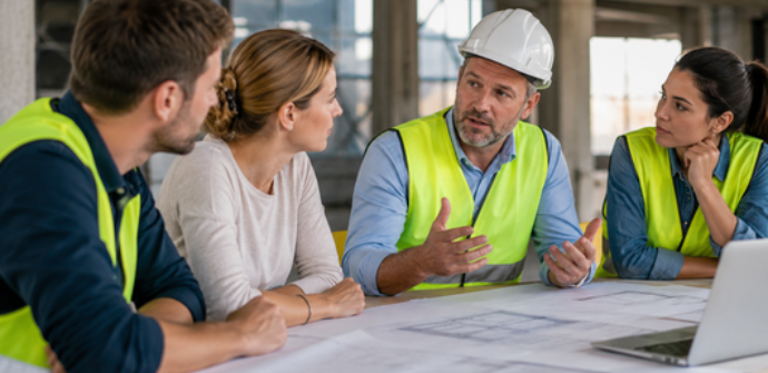 Gemischtes Team aus der Bauwirtschaft im lösungsorientierten Austausch auf einer Baustelle bzw. in einer Baubesprechung.
