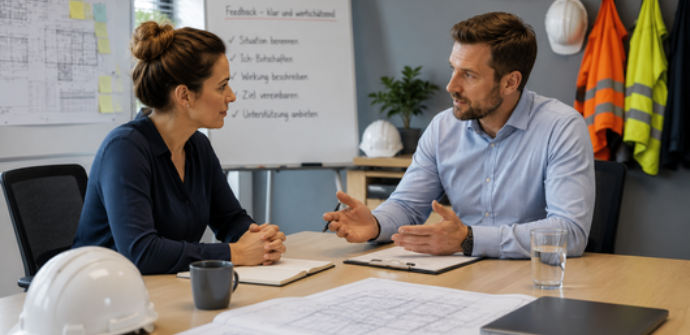 Zwei Personen in einem Besprechungsraum eines Bauunternehmens führen ein wertschätzendes, konzentriertes Gespräch. Baupläne, Helm und Arbeitskleidung im Hintergrund unterstreichen den beruflichen Kontext und das Thema Führungskommunikation.