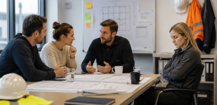 Teamsituation in einem Bauunternehmen: Während drei Personen im Gespräch sind, sitzt eine Kollegin sichtbar abseits. Das Bild verdeutlicht Ausgrenzung, Spannungen im Team und die Bedeutung eines sensiblen Umgangs mit Mobbingdynamiken im Arbeitsalltag.