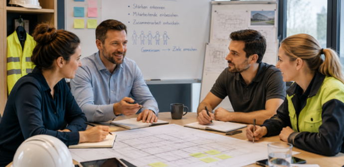 Gemischtes Team in einem Besprechungsraum eines Bauunternehmens bei einer gemeinsamen Arbeitsbesprechung. Das Bild steht für Teamentwicklung, aktive Beteiligung, gegenseitige Wertschätzung und das gezielte Sichtbarmachen von Stärken und Potenzialen im Team.